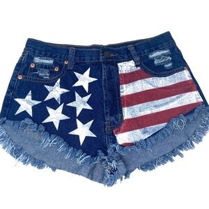 Signature 8 Denim Shorts Cut Off Distressed USA FLAG High Waist Button Fly